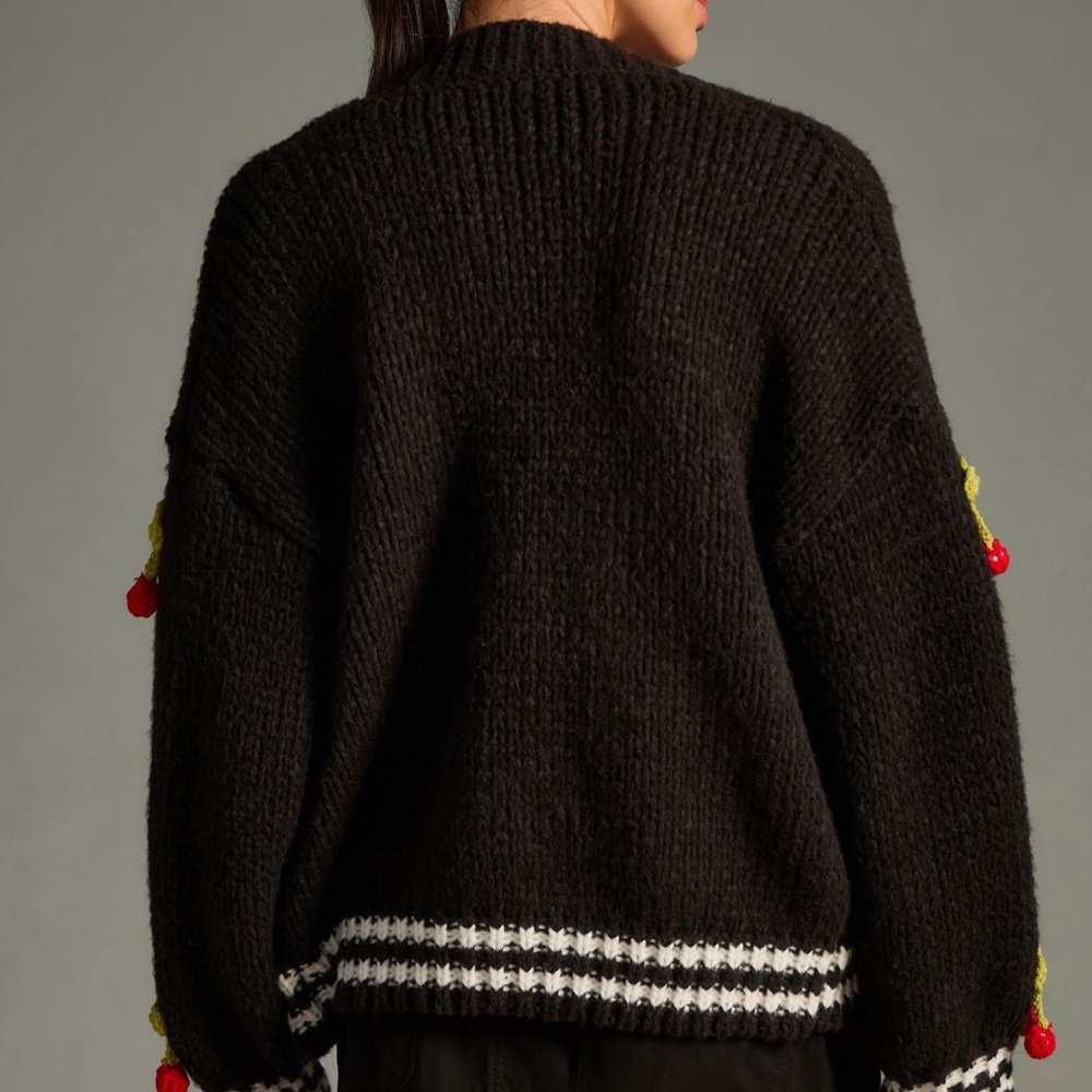 Anthropologie Maeve Black Varsity Cardigan Sweater 3D Cherry - Picture 5 of 8